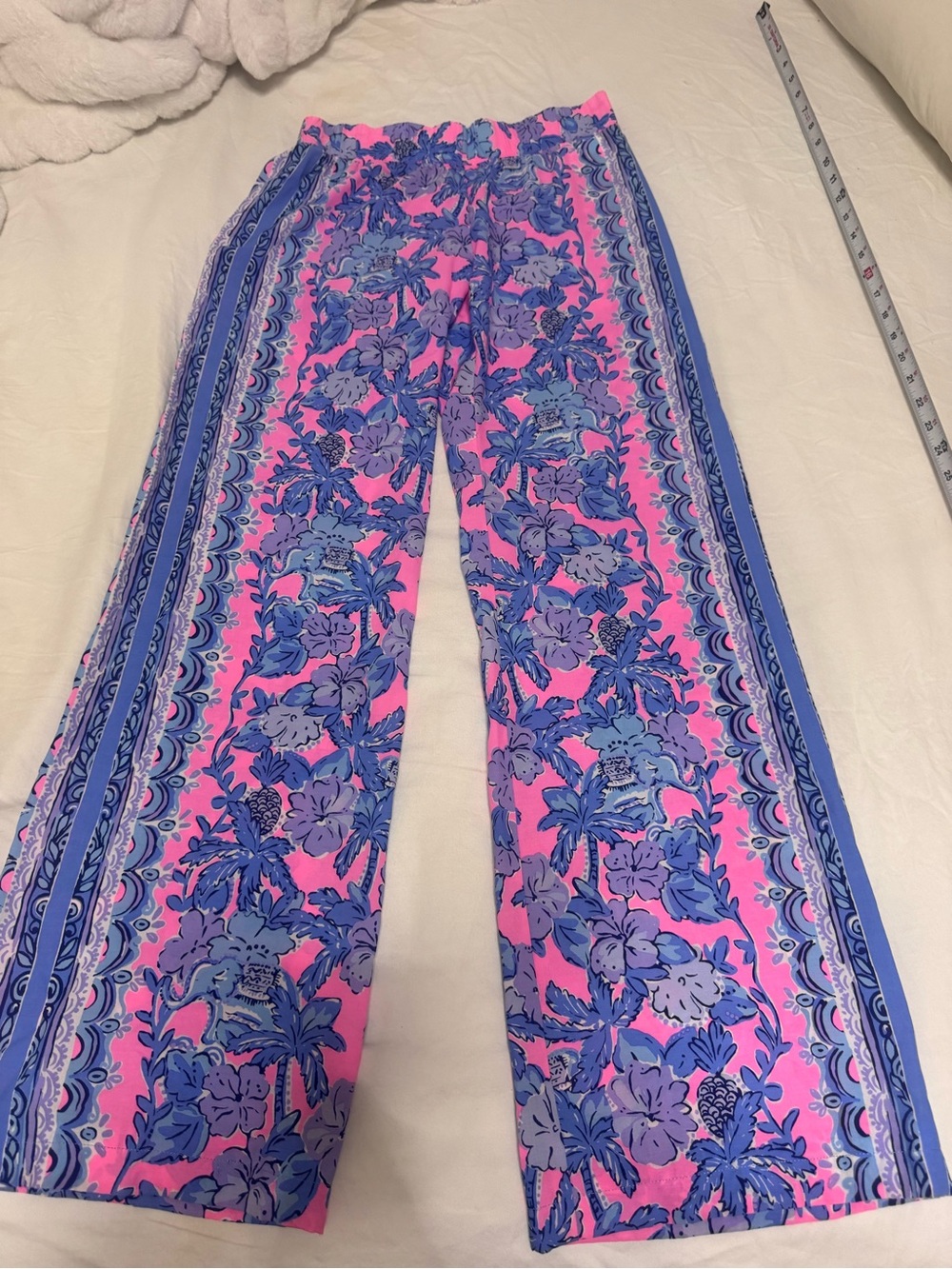 Lilly Pulitzer Pink Floral Wide-Leg Pants with Blue Trim bal harbour style